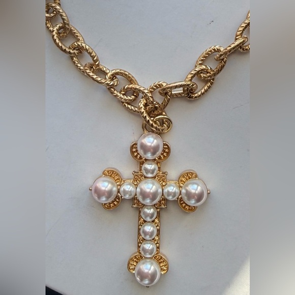 Piper K Gold Tone and Faux Pearl Cross Pendant Necklace - Picture 2 of 2